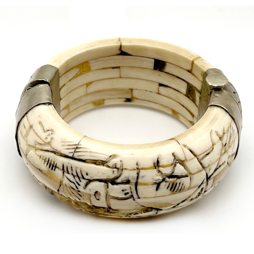 Etched Bone + Brass Hinged Bracelet | Pull-pin Clasp | Hand-crafted  | Vintage